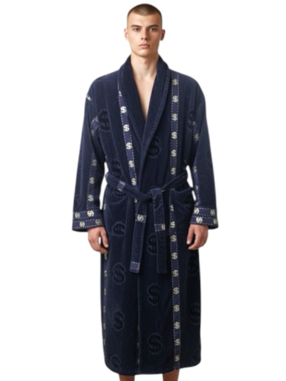 Luxury Navy Terry Bath Robe 100% Cotton Contrasting Dollars Gold Trim Sz XL